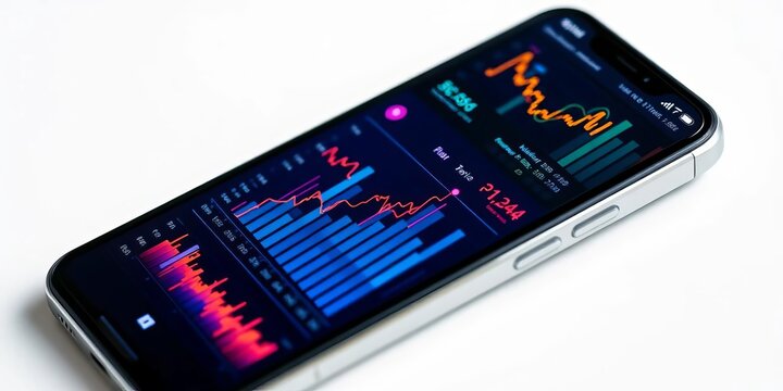 Smartphone displaying financial charts and graphs, illustrating data analytics and insights,  finance,  digital - Powered by Adobe