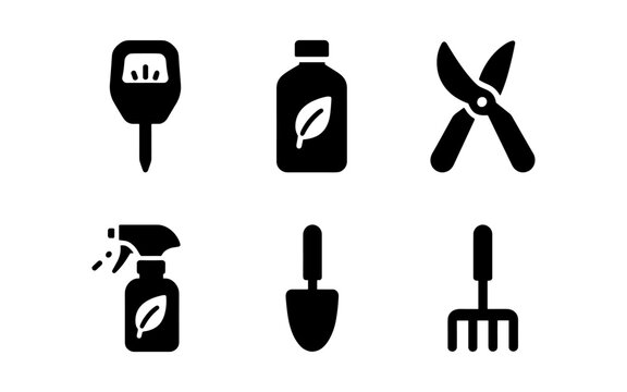 Gardening tool icons: minimalist black silhouette collection for garden enthusiasts