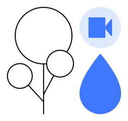 Black tree outline with circular shapes, blue video icon, and water drop. Ideal for sustainability, communication, technology, environmental awareness, education media branding. Simple flat
