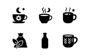 Flat black and white tea and coffee icon set with minimalist style