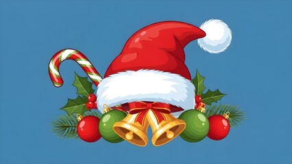 Hat santa christmas set decorations and design isolated on blue background illustration