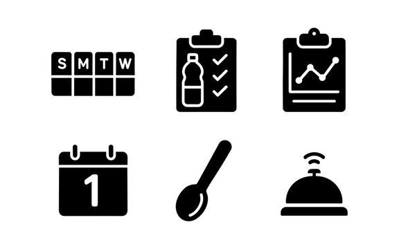 Black silhouette icons of daily planning, scheduling, and hospitality elements