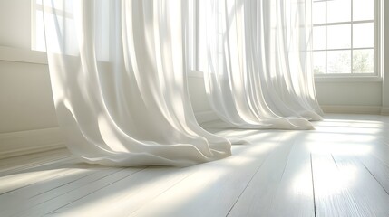 Bright natural sunlight streams through sheer white drapery onto a clean wooden floor
