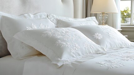 Luxurious white bedding features intricate floral embroidery on plush pillows and sheets