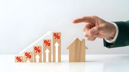 Rising interest rates impacting housing market with hand pointing at house