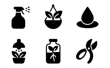 Gardening icons set: tools and plants silhouettes for eco-friendly design projects