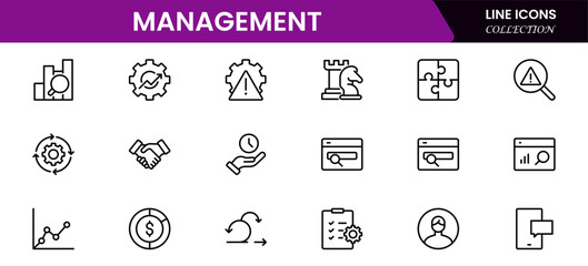 Management icon set. Contains such icons as schedule, human resource, management, development, planning, strategy, and more.