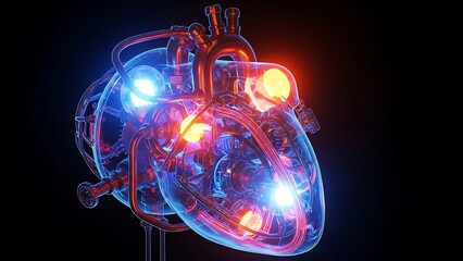 Anatomical Illustration of a Translucent Heart with Glowing Chambers and Circuits