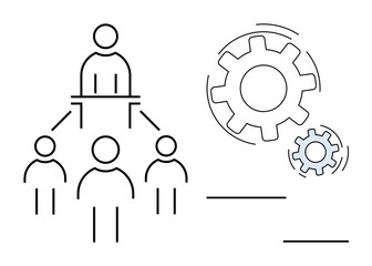 Hierarchical team structure with leader connected to team members. Large and small gears symbolize workflow. Ideal for leadership, teamwork, management, hierarchy, productivity, organization