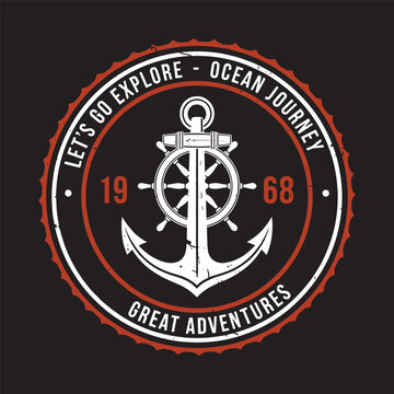 Vintage nautical anchor badge with rope and ocean journey typography vector illustration.