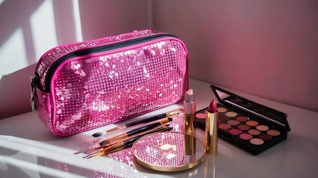 Beauty Essentials: Pink Sequin Makeup Bag, Brushes, Lipstick, and Eyeshadow Palette on a White Surface, Glamorous Cosmetic Still Life