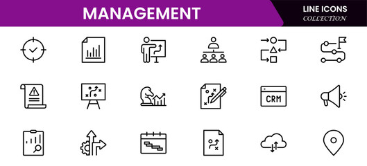 Management icon set. Contains such icons as schedule, human resource, management, development, planning, strategy, and more.