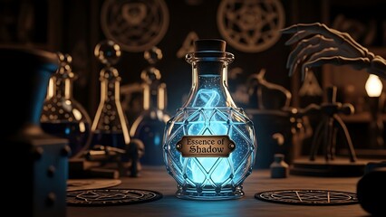 Mysterious Glowing Potion Bottle Labeled 'Essence of Shadow' on an Alchemist's Table