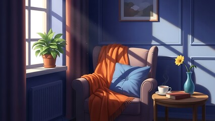 Cozy armchair bathed in warm sunlight with a book and coffee on a small table