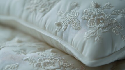 Luxuriously textured fabric surface showcases detailed white floral embroidery on bedding.