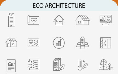 eco architecture icon set, green building design solar energy vector outline