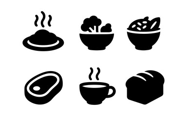 Minimalist food icons: silhouette style featuring rice, vegetables, and more