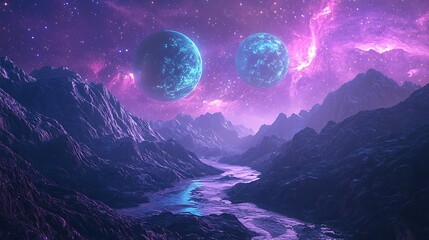 Twin planets shining above mystical alien valley high resolution picture