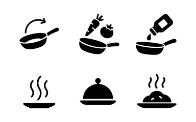 Set of black cooking icons featuring frying pan, steaming dish, and covered platter