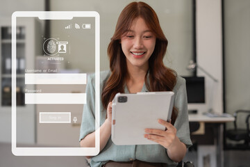 Cyber security, login, data protection concept Fingerprint scanning and authentication.