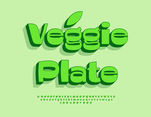 Vector Gourmet logo Veggie Plate for Cafe and Restaurant. Elegant Green Font. Set of Fashion 3D Alphabet Letters and Numbers.