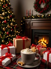 &ldquo;Cozy Christmas Fireplace Scene with Gifts, Hot Cocoa, and Holiday Decorations&rdquo;