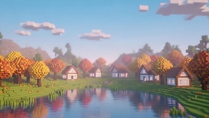 Charming Pixelated Village by a Serene Lake Amidst Autumn Foliage