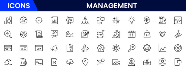 Management icon set. Contains such icons as schedule, human resource, management, development, planning, strategy, and more.