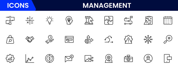Management icon set. Contains such icons as schedule, human resource, management, development, planning, strategy, and more.