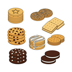 Set of delicious cookies and biscuits collection for sweet snack time vector illustration.