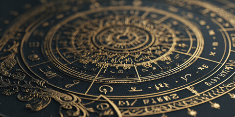 Obraz premium Zodiac wheel spinning on starry night sky, mystical astrology concept with horoscope and star signs, cosmic background, copy space