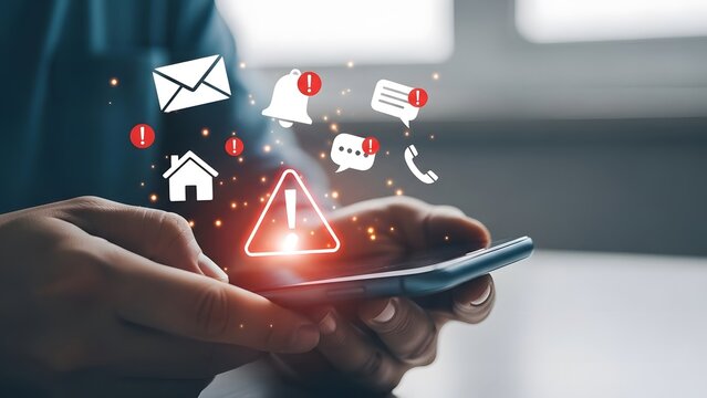 Person holding smartphone with notification icons and warning symbol overlay