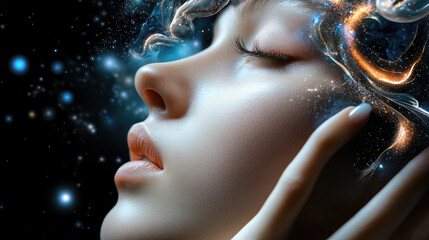 Surreal woman in cosmic universe surrounded by glowing stars, magical galaxy scene with radiant light, dreamy fantasy concept, copy space