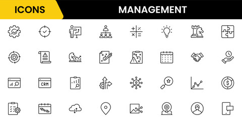 Management icon set. Contains such icons as schedule, human resource, management, development, planning, strategy, and more.