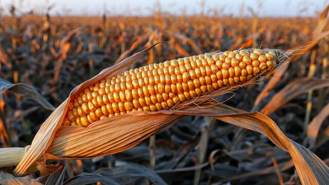 Close-up of a single, mature corn cob, revealing golden kernels and layers of dried leaves