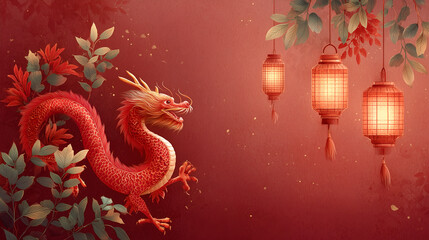 Celebrate the lunar new year with a vibrant dragon and glowing lanterns, perfect for festive designs and cultural promotions, a touch of Asian tradition