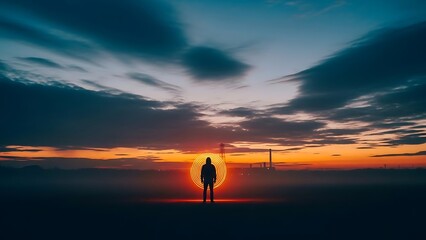 Man standing in front of a large glowing orb against a dramatic sunset sky