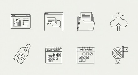 Streamlined business workflow with essential icons for data analysis, communication, file management, cloud storage, reminders, habit tracking and goal setting success
