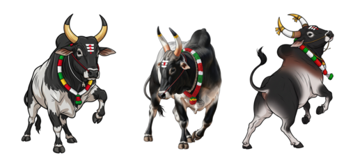 Set of Three Jallikattu Bull Illustrations Decorated with Colorful Garlands, Tilak, and Horn Ornaments, Depicting Running, Standing, and Rearing Poses on a Png, Transparent Background