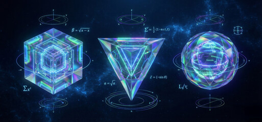 Futuristic glowing geometric shapes representing advanced digital technology, data processing, and virtual systems