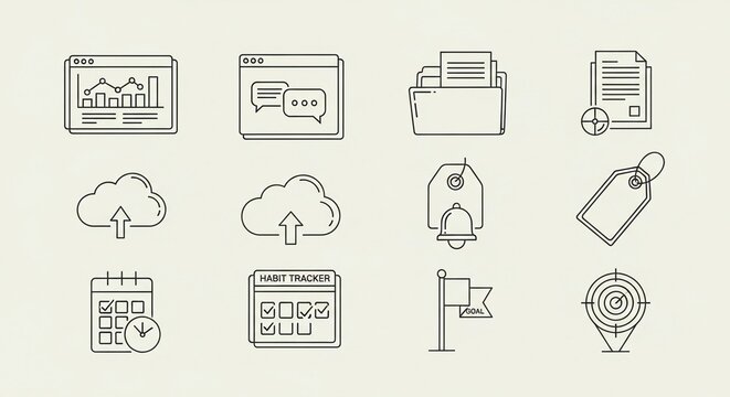 Organize your life with these helpful productivity icons, perfect for web design, app creation, or any project needing a touch of modern efficiency and goal setting visuals