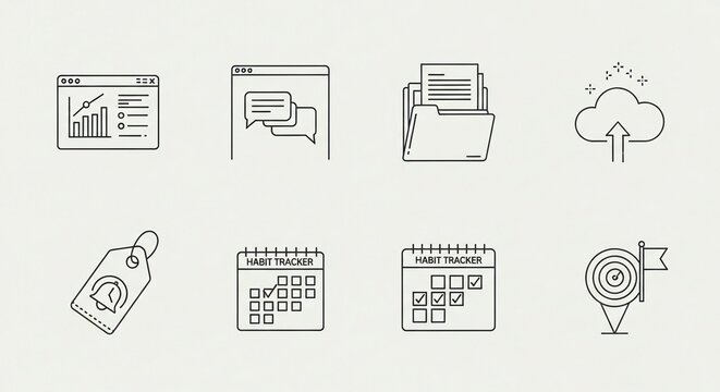 Streamlined business workflow with essential icons for data analysis, communication, file management, cloud storage, reminders, habit tracking and goal setting success