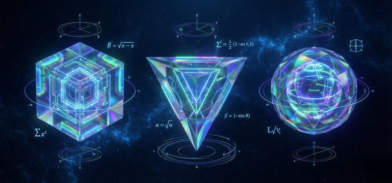 Futuristic glowing geometric shapes representing advanced digital technology, data processing, and virtual systems