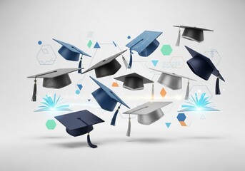 Celebrate academic achievements with this dynamic floating graduation cap design and glowing open book, perfect for education marketing, school promotions, and graduation announcements