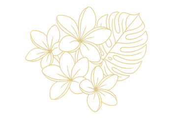 Obraz premium Golden Flora: An elegant composition of golden frangipani blossoms and a lush monstera leaf, radiating a sense of tropical elegance and natural beauty.