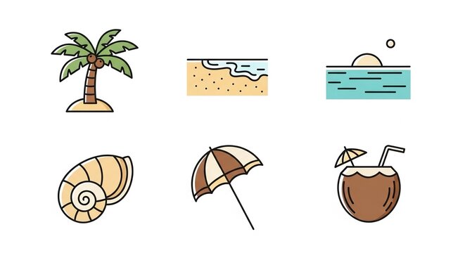 Getaway vibes with tropical icons of palm trees, beaches, umbrellas, and refreshing coconut drinks that will bring sunshine into your designs and projects. - Powered by Adobe