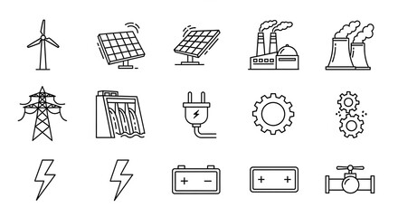 Explore a sustainable future with this energy icon set showcasing solar, wind, hydro, and power solutions for a greener world, available now to illustrate your eco projects