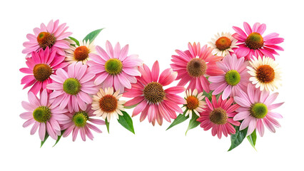 Beautiful arrangement of pink Echinacea flowers and foliage on a white background