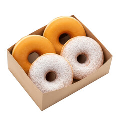 Delicious glazed and powdered sugar donuts in a brown cardboard box for a sweet treat.