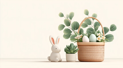 Sweet Easter vibes with bunny, eggs, eucalyptus, and blossoms in rustic basket, perfect for springtime greetings and celebrations with loved ones